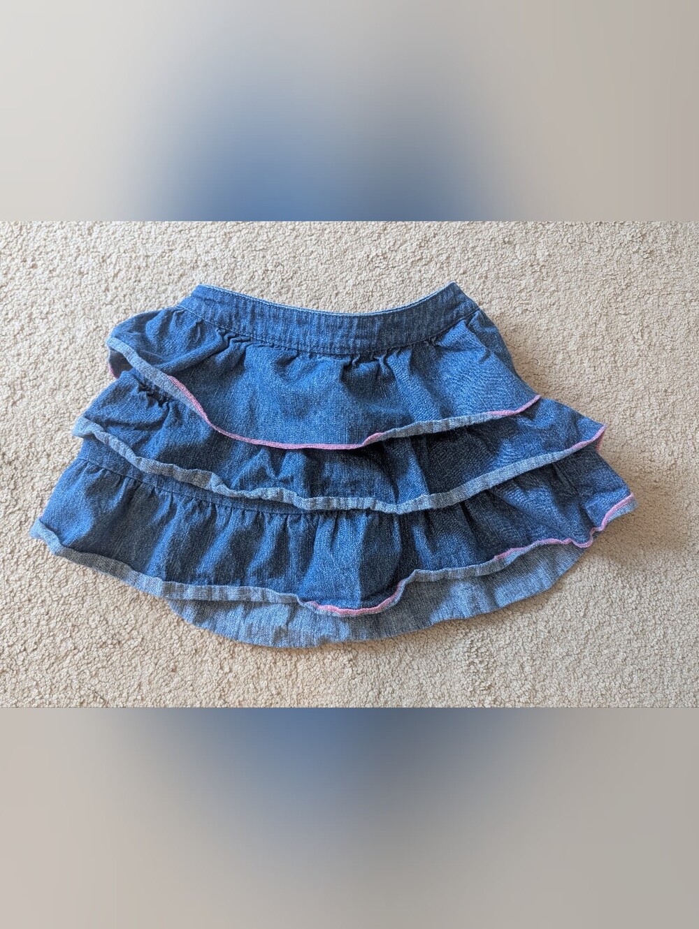 Faded Glory Blue Denim Ruffled Skater Skirt with Pink Trim